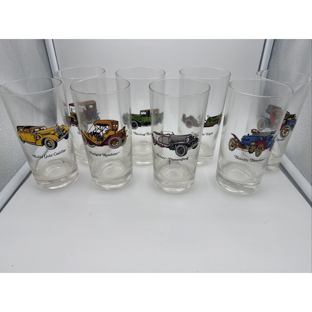 Set Of 8 Highball Glasses Antique Cars Auto Bar Man Cave Cadillac Charger